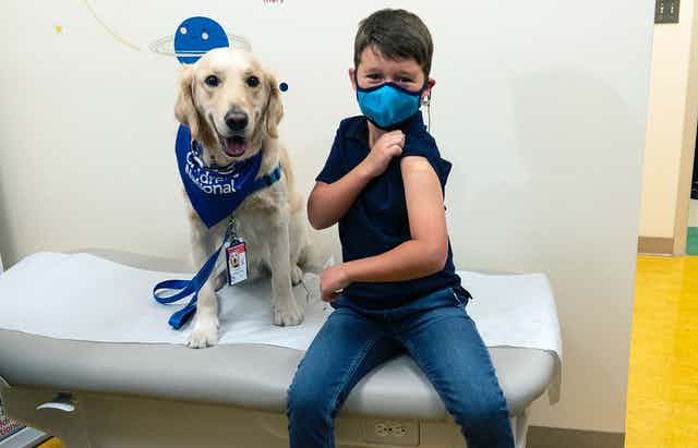 Bệnh viện Nhi Quốc gia tại Washington, Mỹ sử dụng thú cưng hỗ trợ cảm xúc cho trẻ nhỏ đi tiêm phòng COVID-19 - Ảnh: The Conversation
