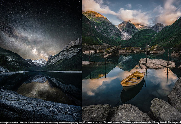Bức ảnh ngoạn mục bên trái do Sonja Ivancsics chụp, cho thấy Dải Ngân hà trên Hồ Gosausee ở vùng Salzkammergut của Áo. Trong khi đó, bên phải là khung cảnh đẹp như tranh vẽ của Hans Kristian Strand chụp tại Sông băng Bondhusvatnet ở Kvinnherad, Na Uy.