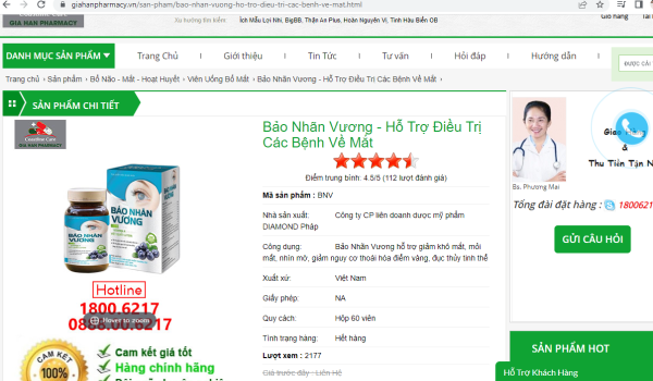 Website giahanpharmacy đang quảng cáo sản phẩm Bảo Nhãn Vương vi phạm luật quảng cáo