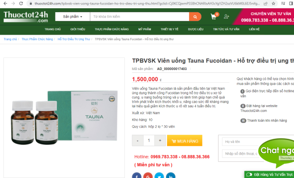 Website thuoctot24h.com đang quảng cáo Viên uống Tauna vi phạm luật quảng cáo