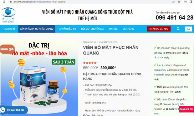 Website phucnhanquang.com đang quảng cáo phẩm, Phục Nhãn Quang vi phạm quy định pháp luật về quảng cáo