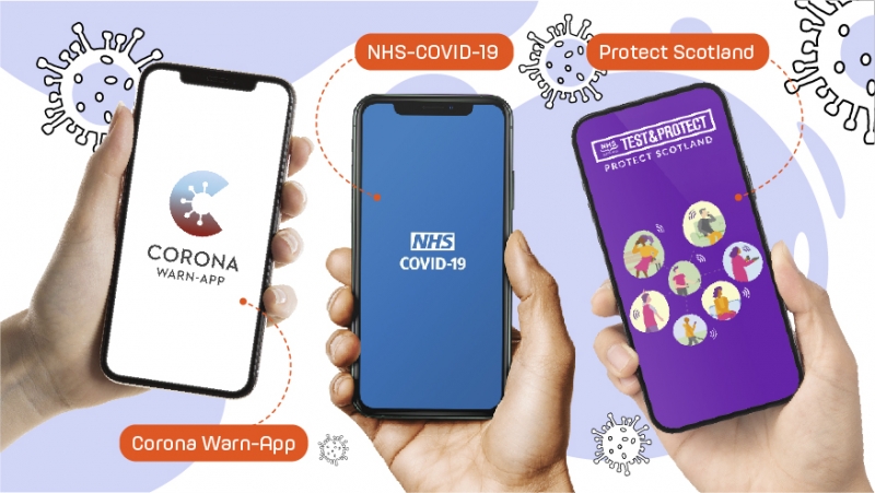 Đức có ứng dụng Corona-Warn-App. Các vùng của Vương quốc Anh triển khai ứng dụng riêng: NHS COVID-19 ở Anh và Wales, StopCOVID NI ở Bắc Ireland và Protect Scotland.