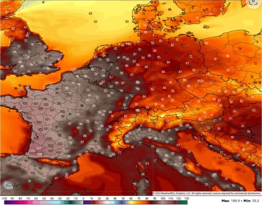 Bản đồ dự báo nhiệt độ từ mô hình GFS của Mỹ vào ngày 18/7 ở khu vực Châu Âu - Ảnh: Washington Post