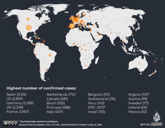 Bản đồ bệnh đậu mùa khỉ trên toàn cầu và các quốc gia có số ca mắc nhiều nhất tính đến ngày 24/7- Ảnh: Al Jazeera