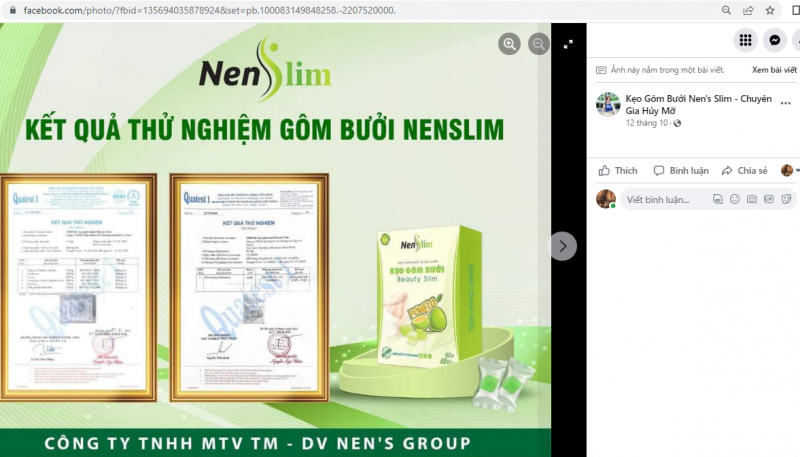 Một trong các fanpage vi phạm quảng cáo sản phẩm NenSSlim