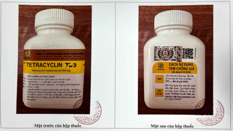 Mặt trước và mặt sau của hộp thuốc Tetracyclin Tw3 250mg - Ảnh: Cục Quản lý Dược