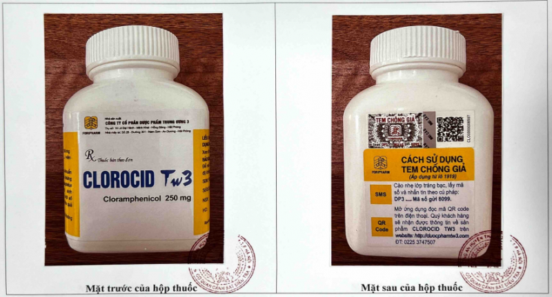 Mặt trước và mặt sau của hộp thuốc Clorocid Tw3 250mg - Ảnh: Cục Quản lý Dược