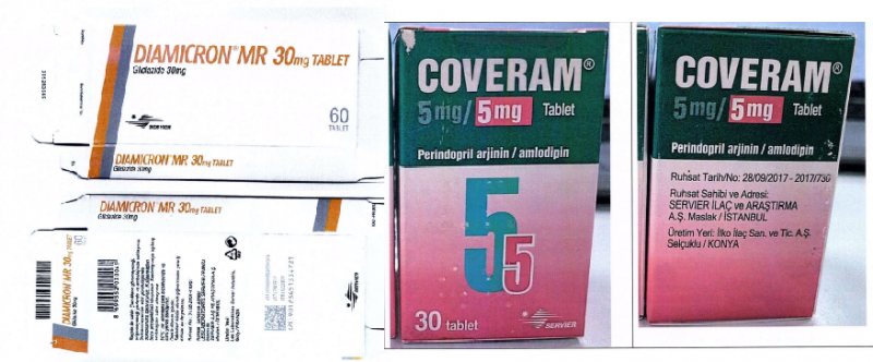 Hình ảnh 2 loại thuốc giả Diamicron MR 30mg và Coveram 5mg/5mg - Ảnh: Cục Quản lý Dược