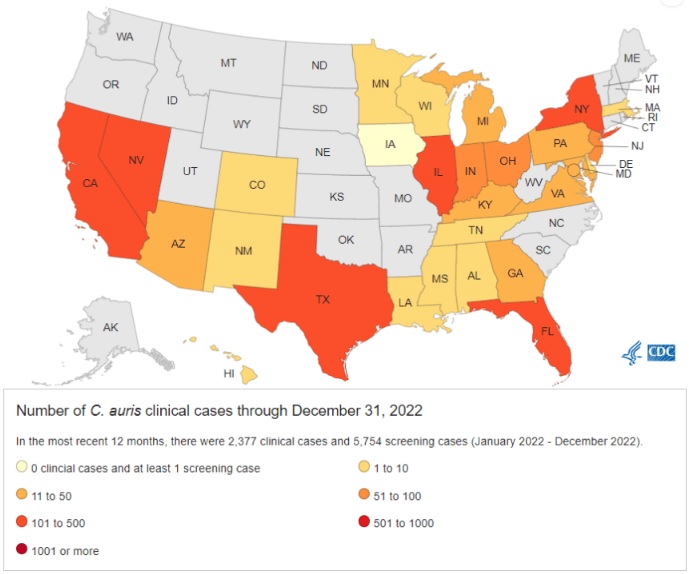 Bản đồ khu vực các bang ở Mỹ có các trường hợp nhiễm nấm Candida auris vào năm 2022, trong đó màu đỏ tương ứng với 501 - 1000 ca. Ảnh: NBC News