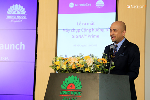 Ông Vijay Subramanniam - Tổng Giám đốc mảng chẩn đoán hình ảnh của GE HealthCare khu vực Đông Nam Á, Hàn Quốc, Australia và New Zealand phát biểu tại lễ ra mắt máy chụp cộng hưởng từ Signa Prime