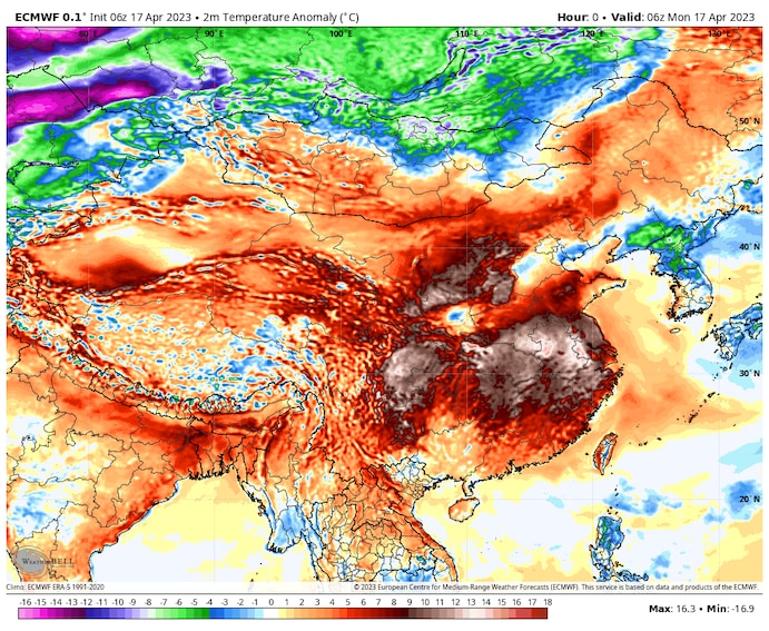 Mô hình dự báo thời tiết của Châu Âu cho thấy nhiệt độ tăng cao bất thường trên khắp Đông Nam Á vào ngày 17/4 - Ảnh: Washington Post