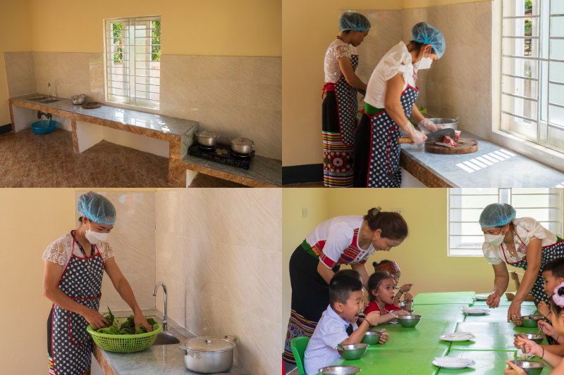 Công trình bếp của điểm trường được đưa vào sử dụng, tạo điều kiện cho các em học sinh có những bữa ăn dinh dưỡng, hợp vệ sinh, đảm bảo sức khỏe để học tập và rèn luyện.