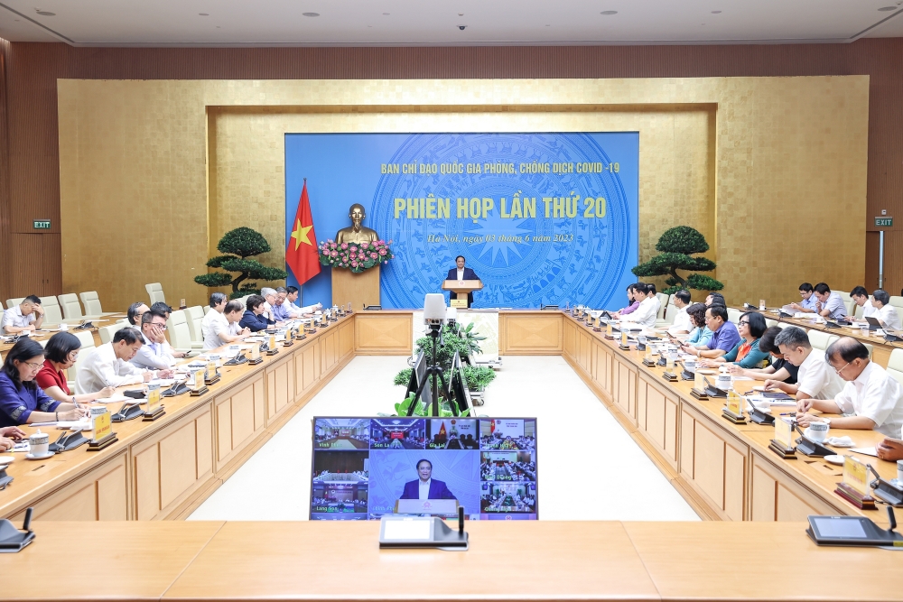 Thủ tướng Phạm Minh Chính - Trưởng Ban Chỉ đạo quốc gia phòng, chống dịch COVID-19 chủ trì phiên họp thứ 20 của Ban Chỉ đạo - Ảnh: VGP