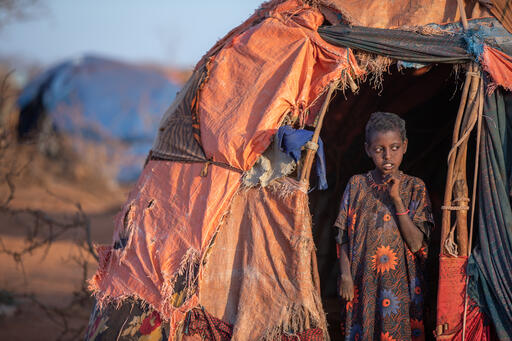 Lina Nasir, 9 tuổi cùng gia đình phải di dời nhà ở đến sống ở một khu lều trại gần thị trấn Hargele ở vùng Somali của Ethiopia do hạn hán - Ảnh: UNICEF