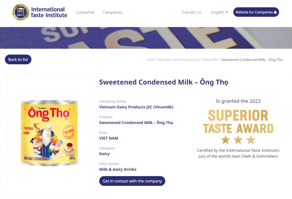 Ông Thọ là một trong 2 sản phẩm sữa đầu tiên của Việt Nam nhận xếp hạng 3 sao – mức cao nhất của giải thưởng danh giá Superior Taste Award