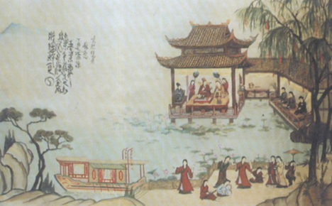 Chúa Trịnh Sâm và Tuyên phi Đặng Thị Huệ thưởng trà tại Tả Vọng đình. Tranh minh hoạ của Hoạ sĩ Trịnh Quang Vũ.