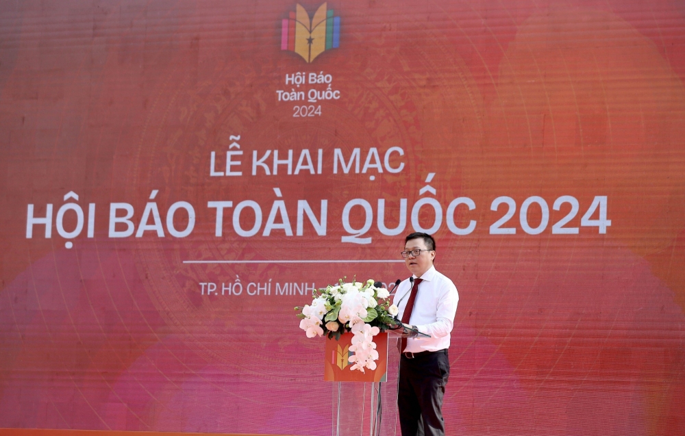 Ông Lê Quốc Minh, Chủ tịch Hội Nhà báo Việt Nam phát biểu khai mạc Hội báo toàn quốc 2024 