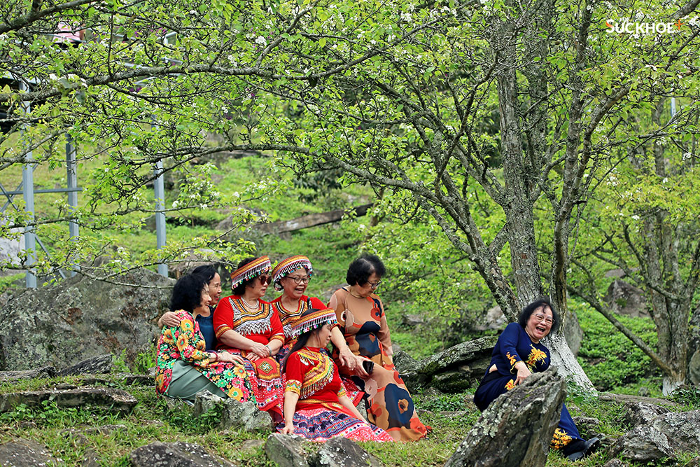 Nhiều du khách tìm đến vườn lê với những trang phục truyền thống, lưu lại những khoảnh khắc đẹp vui vẻ bên người thân