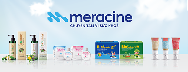 Các sản phẩm tiêu biểu của Dược phẩm Meracine: Cốm vi sinh Bio-acimin, dầu gội Jasunny, dung dịch vệ sinh Smoovy, gel tẩy tế bào chết Rewhitez.