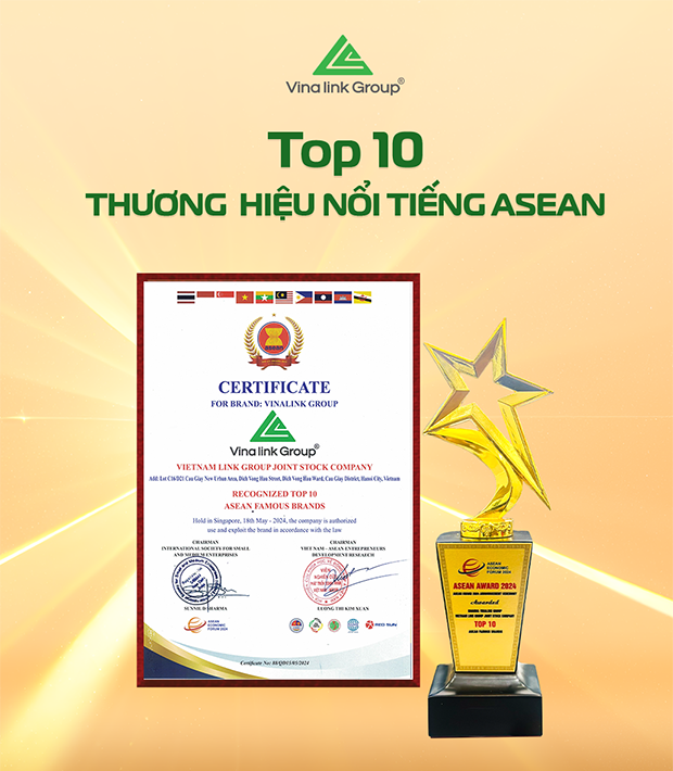 Cúp vàng và chứng nhận Top 10 thương hiệu nổi tiếng ASEAN của Vinalink Group 