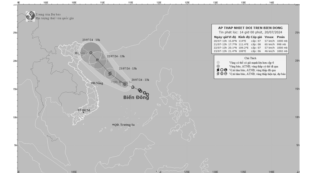 Trong 24 giờ tới, áp thấp nhiệt đới di chuyển theo hướng tây bắc và khả năng mạnh lên thành bão số 2 - Ảnh: NCHMF