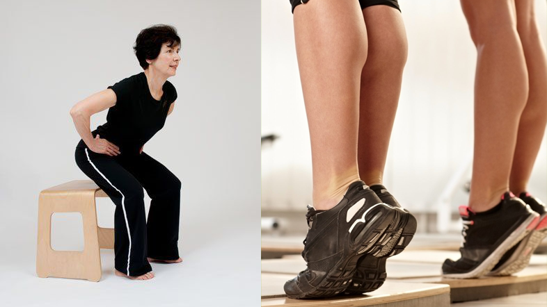 Squat với ghế (bên trái) và tập kiễng chân (calf raise) là các bài tập kháng lực dễ tập tại nhà