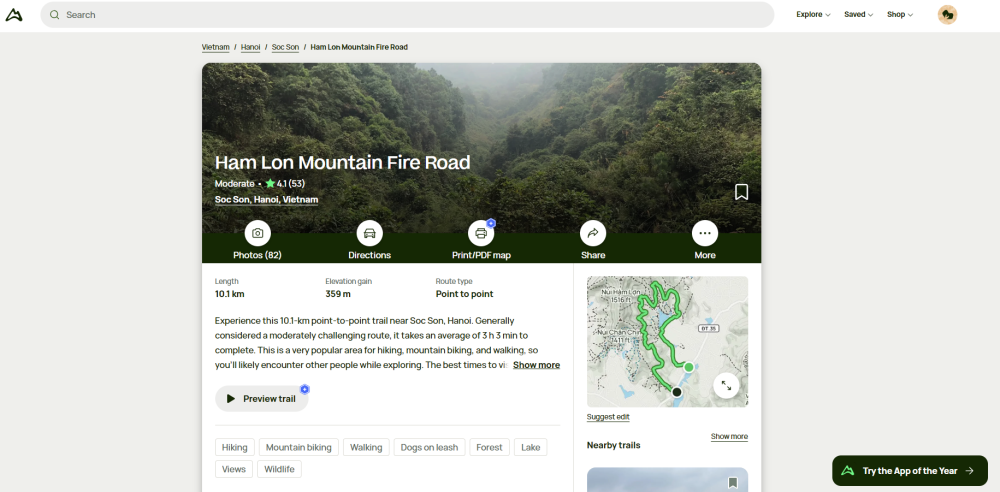 Thông tin về cung đường, bao gồm độ khó, độ dài, độ dốc, phân loại cung đường hay cách di chuyển đến địa điểm,... được thông tin rất đầy đủ trên ứng dụng AllTrails để bạn dễ dàng lựa chọn lộ trình phù hợp với bản thân - Ảnh chụp màn hình.