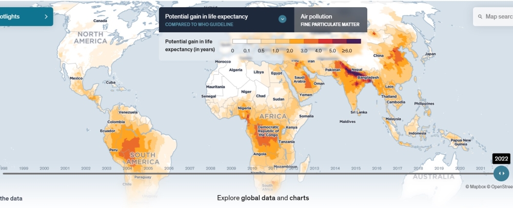 Tuổi thọ con người sẽ tăng nếu chất lượng không khí được cải thiện của AQLI năm 2022. Vùng đỏ sậm là Ấn Độ. (ảnh chụp màn hình)