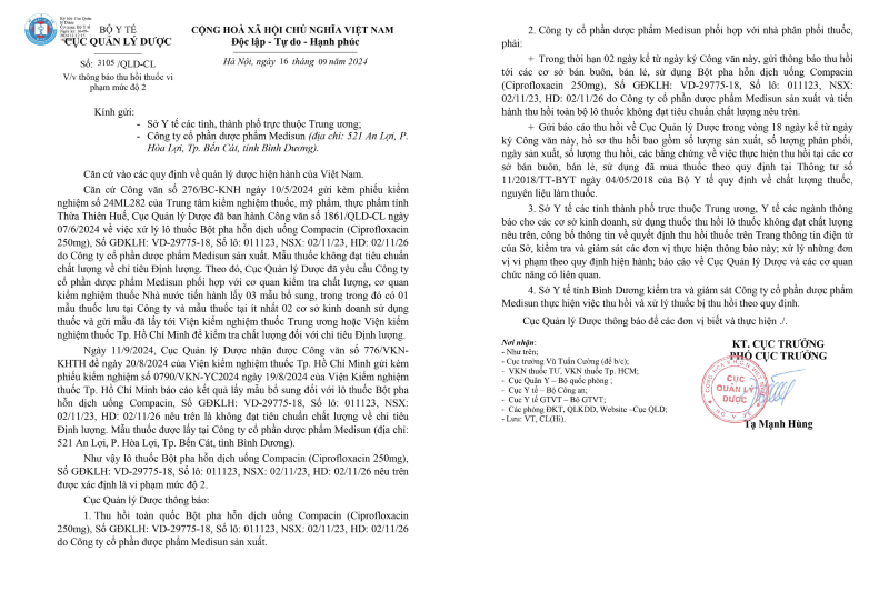 Công văn số 3105/QLD-CL ngày 16/9/2024 của Cục Quản lý Dược.