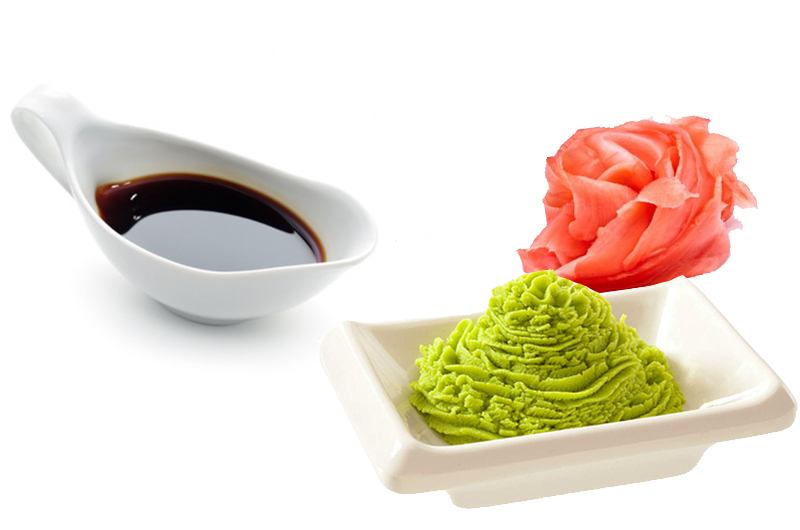 Nước tương - wasabi - gừng hồng là bộ 3 không thể thiếu khi thưởng thức món sushi.