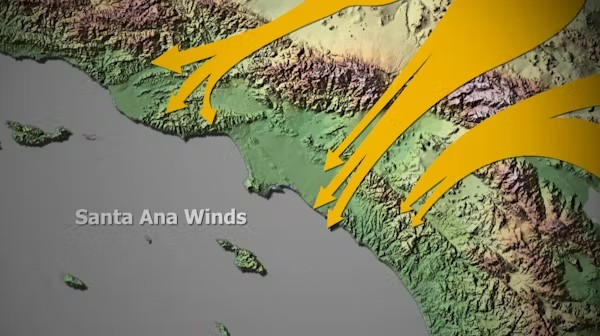 Gió Santa Ana thổi xuống các ngọn núi về phía bờ biển, làm khô và nóng lên khi chúng hạ xuống - Ảnh: USGS