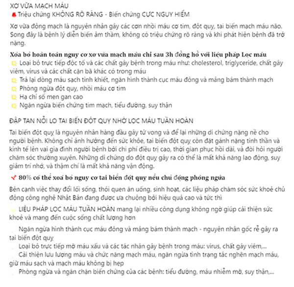 Quảng cáo phương pháp lọc máu giúp loại bỏ mỡ máu, ngăn ngừa đột quỵ...trên mạng xã hội - Ảnh: Chụp màn hình