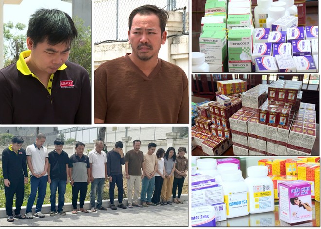 Các đối tượng trong đường dây sản xuất, buôn bán thuốc tân dược giả bị bắt giữ cùng tang vật - Ảnh: Công an Thanh Hóa
