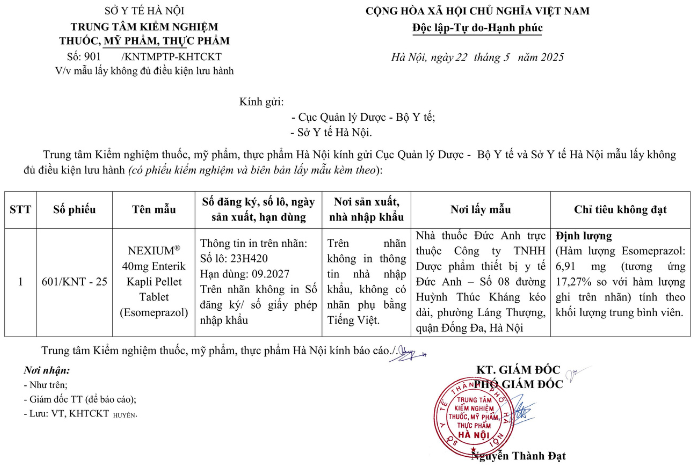 Công văn số 901/KNTMPTP-KHTCKT ngày 22/05/2025 của Trung tâm Kiểm nghiệm thuốc, mỹ phẩm, thực phẩm Hà Nội thông báo về mẫu lấy không đủ điều kiện lưu hành.