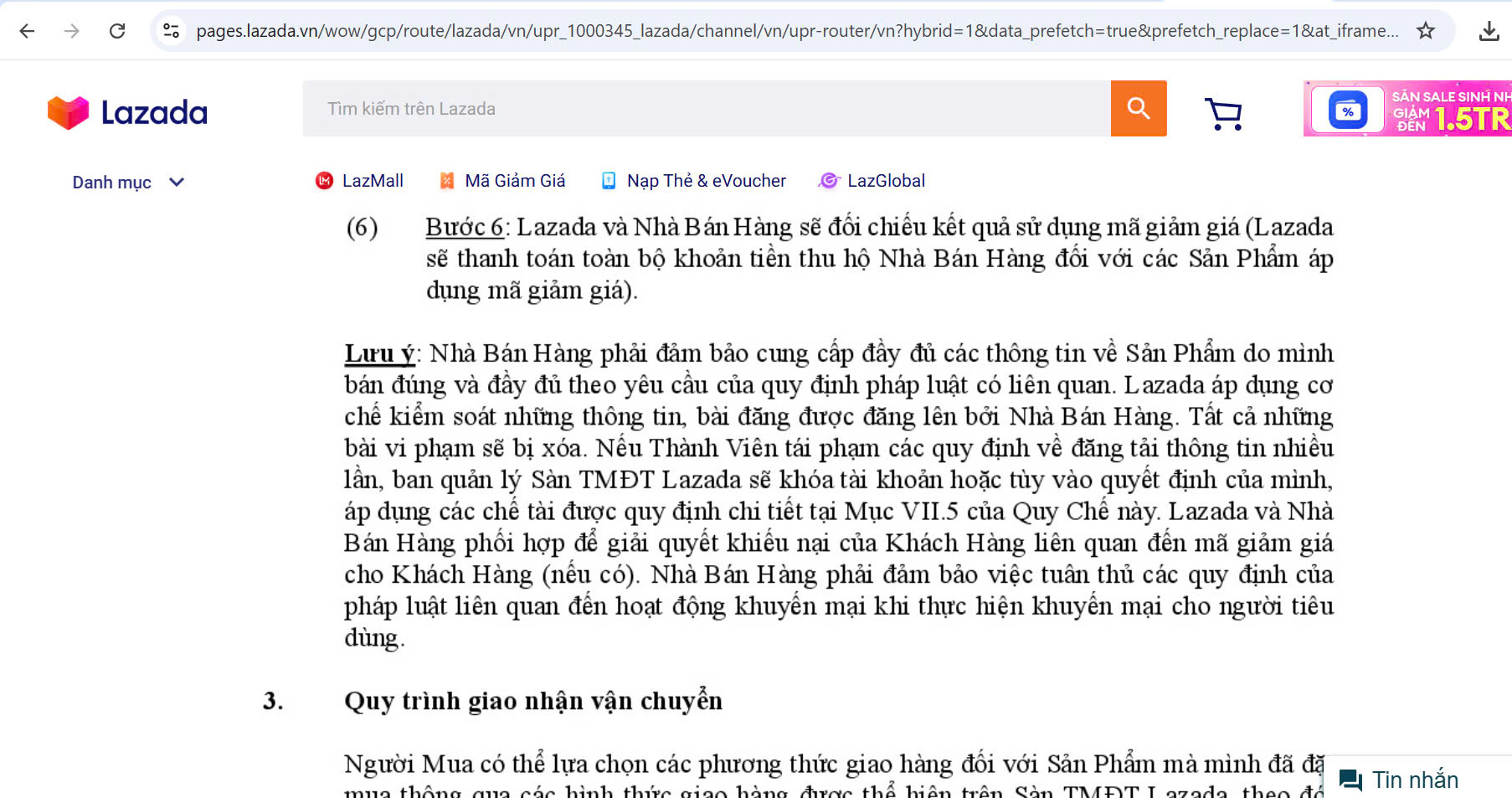 Chính sách dành cho nhà bán hàng được công khai trên trang chủ Lazada - Ảnh chụp màn hình.