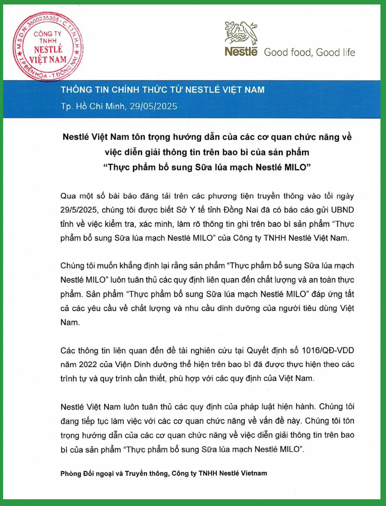 Thông báo chính thức từ Nestlé Việt Nam trên fanpage