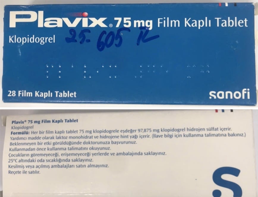 Plavix (Klopidogrel); số lô: ELB04027, hạn dùng: 05/2027.