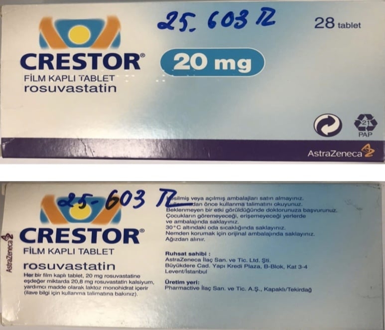Crestor 20mg (Rosuvastatin); số lô: A23237030, hạn dùng: 04/2026.
