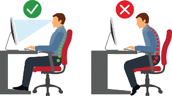 Ngồi đúng tư thế, có tựa lưng nâng đỡ cột sống khi làm việc trước màn hình máy tính