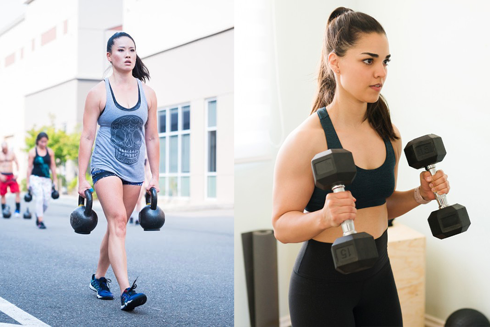 Đi bộ xách tạ (bên trái) và Hammer Curl (bên phải) giúp cải thiện sức mạnh của cổ tay