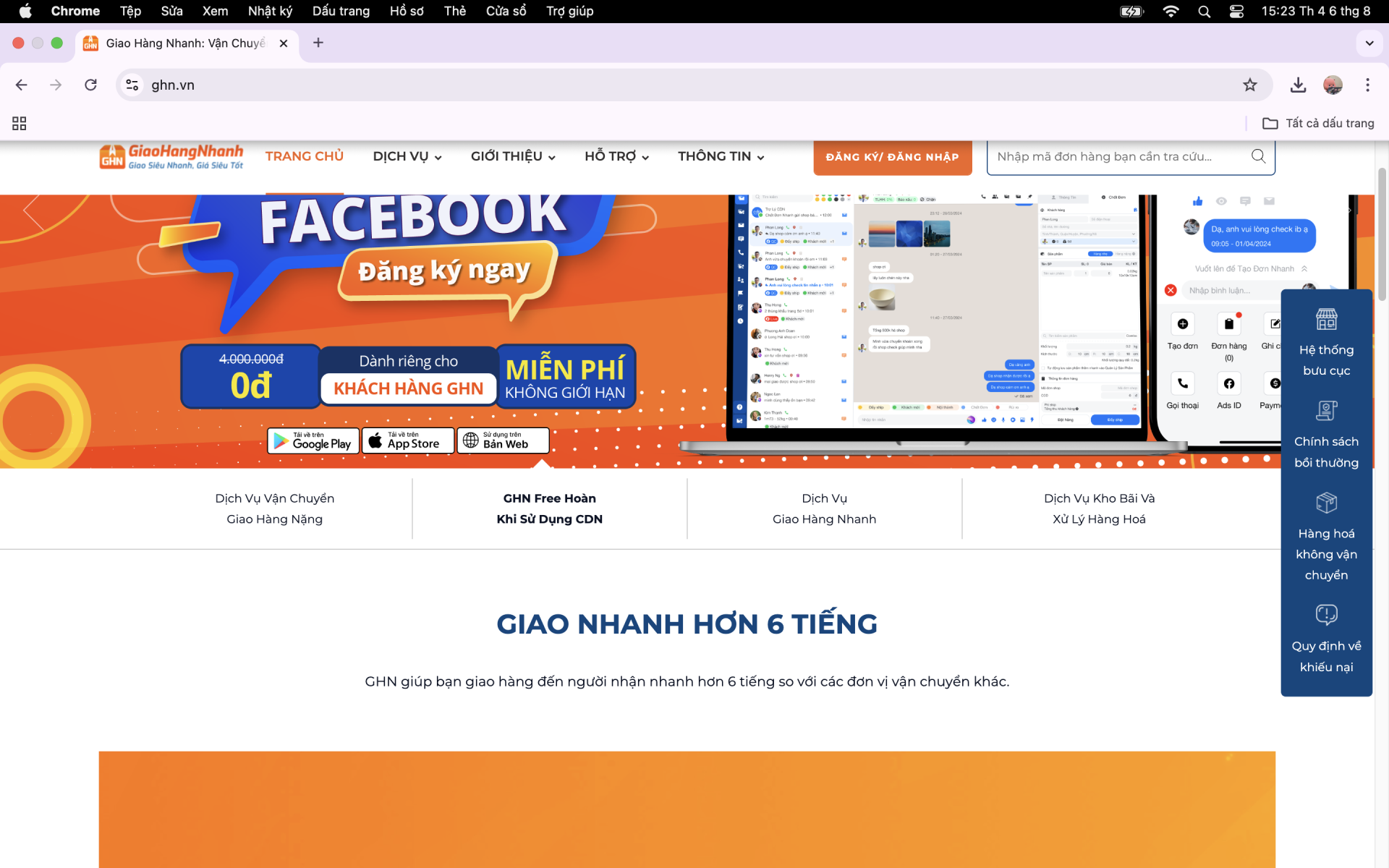 GHN cho biết, đơn vị này có thể giúp người dùng giao - nhận nhanh hơn 6 tiếng so với các đơn vị vận chuyển khác - Ảnh chụp màn hình ngày 06/08/2025.