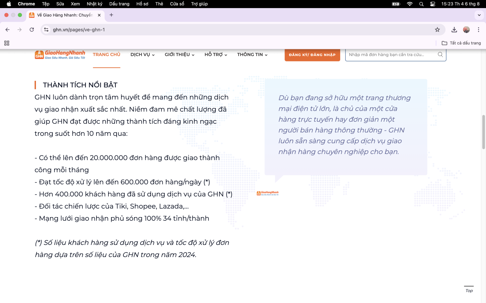 Lời giới thiệu về thành tích nổi bật của GHN - Ảnh chụp màn hình ngày 06/08/2025.