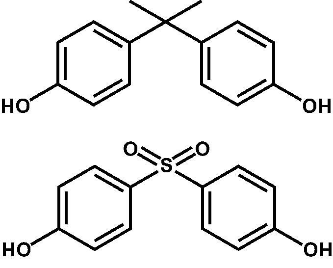 Cấu trúc hóa học của BPA (trên) và BPS (dưới)