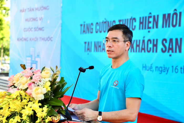 TS.BS Hà Anh Đức, Phó Chủ tịch Hội đồng y khoa quốc gia, Cục trưởng Cục Quản lý Khám, chữa bệnh, Giám đốc Quỹ Phòng, chống tác hại của thuốc lá (Bộ Y tế) phát biểu tại buổi lễ.

