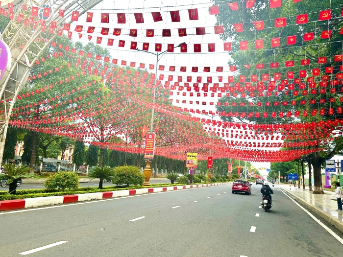 Tuyến đường Nguyễn Tất Thành (phường Buôn Ma Thuột) rợp sắc cờ đón mừng Tết Độc lập. - Ảnh: kinhtedothi.vn
