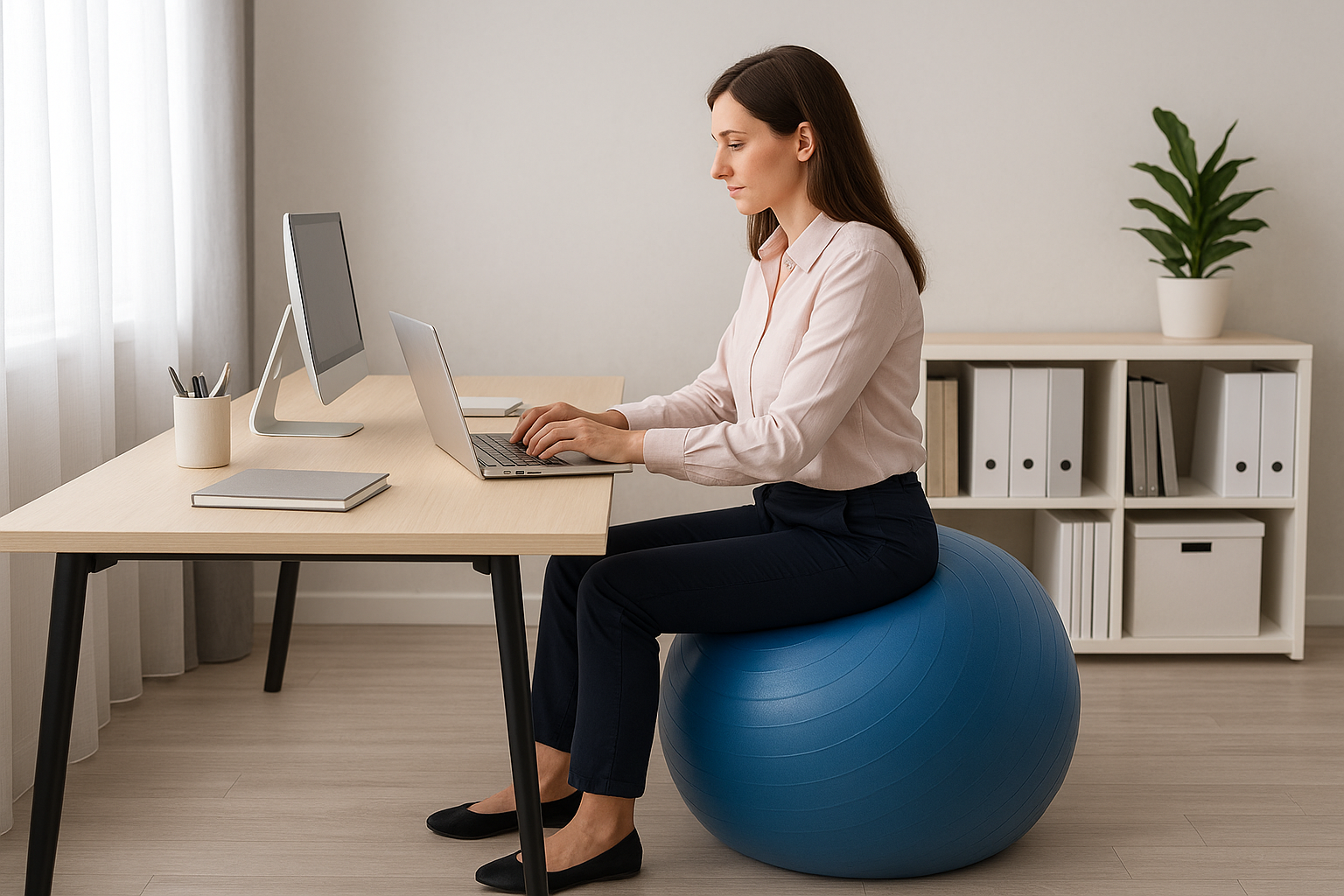 Ngồi làm việc trên bóng yoga giúp cải thiện tư thế và giảm đau lưng