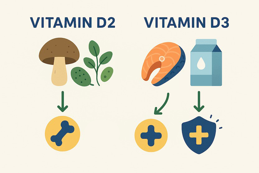 Nấm, ngũ cốc bổ sung vitamin D2, còn cá hồi, trứng và sữa là nguồn vitamin D3 tự nhiên