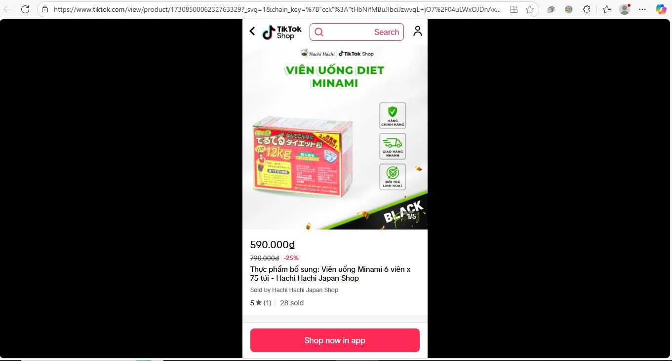 sản phẩm viên uống Diet MINAMI không có giấy được cấp giấy phép công bố sản phẩm nhưng vẫn kinh doanh, quảng cáo trên nền tảng Tikok - Ảnh: Cục An toàn thực phẩm