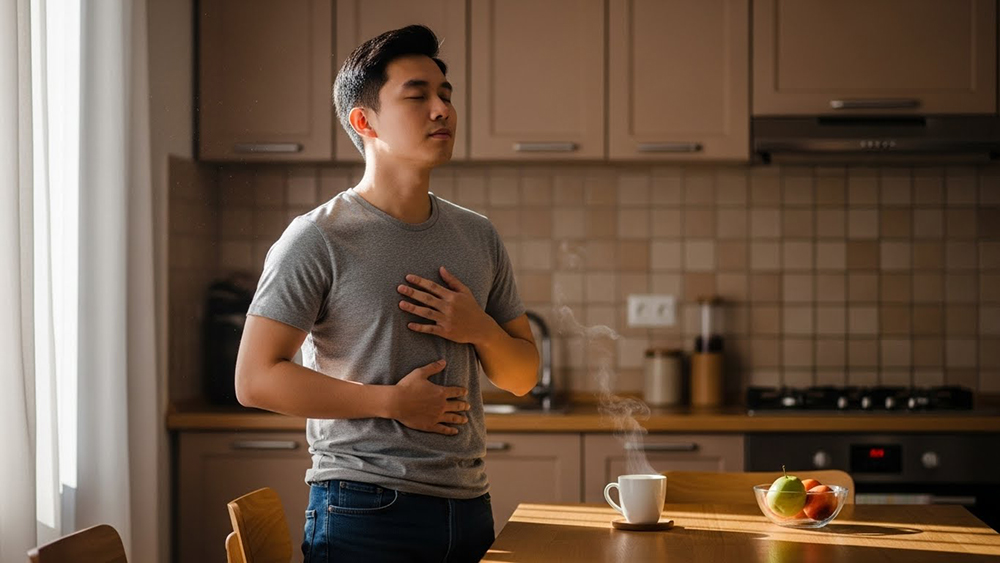 Hít thở sâu giúp cơ thể thư giãn và giảm cảm giác tim đập nhanh sau khi uống cà phê