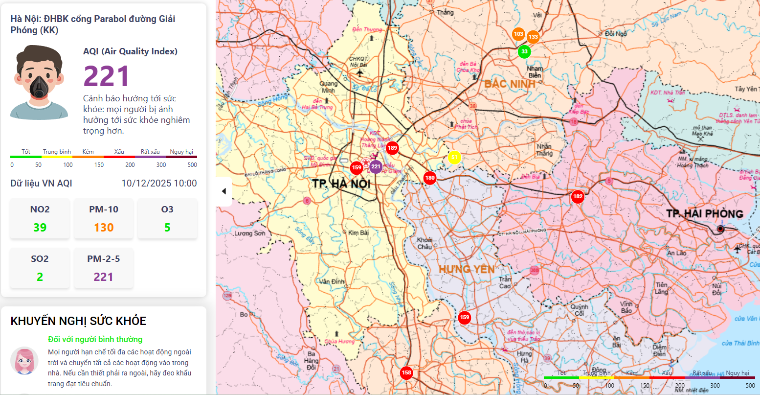 Sáng 10/12, nhiều trạm quan trắc tại các tỉnh lân cận Hà Nội cũng có chất lượng không khí ở mức xấu